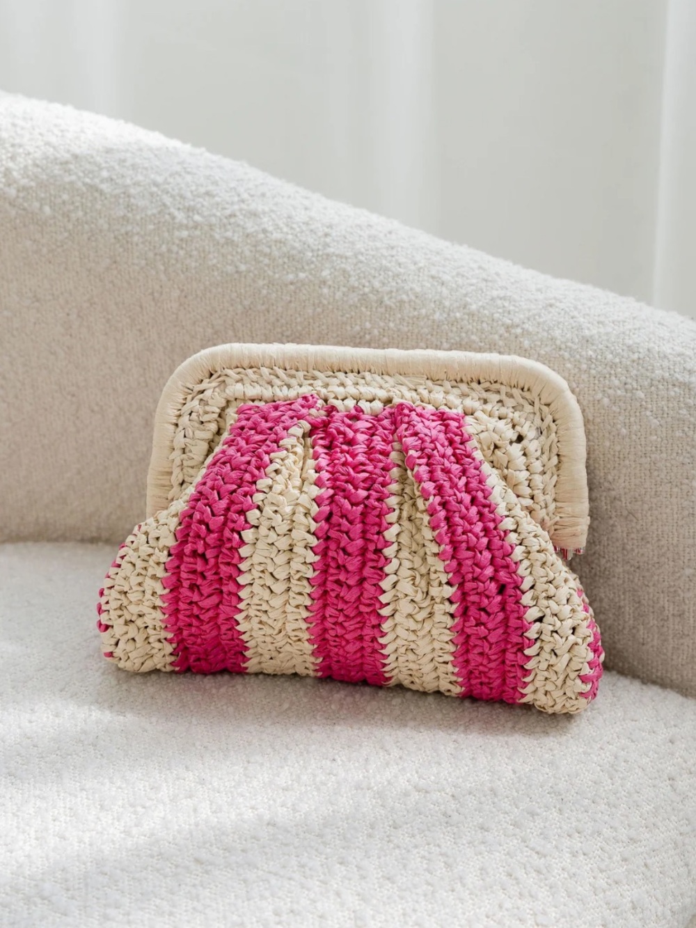 Pink Striped Raffia Clutch Bag Crossbody Beach Vacation Purse Hot Pink Pouch